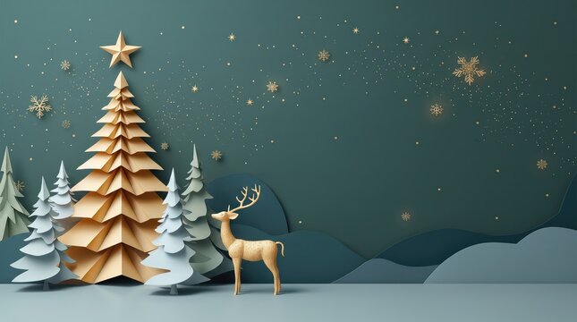 Christmas Greeting Card Featuring Deer in a Snowy Forest Landscape with Intricate Paper Cut Quilling Details