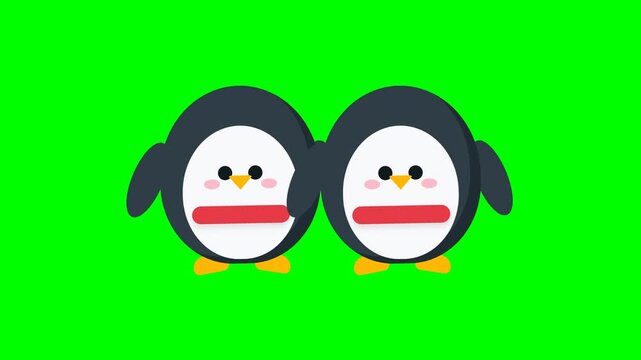 Cute cartoon penguin couples standing on green screen background