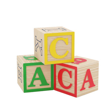Colorful wooden alphabet blocks spelling caa isolated on white background
