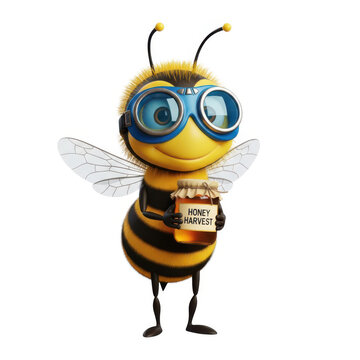 Cute bee character wearing goggles holding a jar of honey isolated on white background