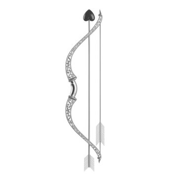 Decorative silver cupid bow and arrow with heart tip isolated on white background