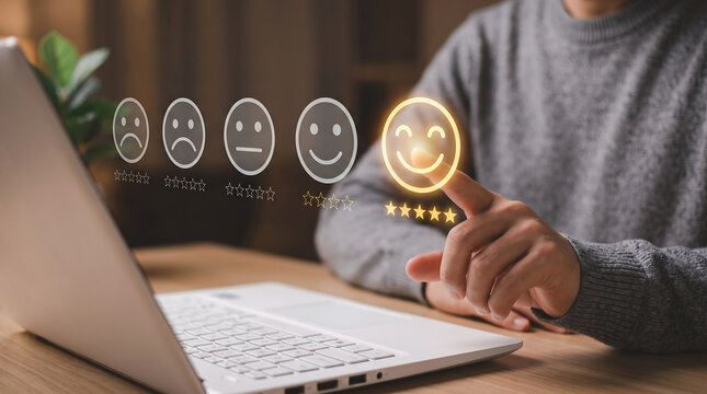 Customer giving five star positive feedback rating using digital interface on laptop screen display