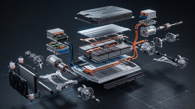 Exploded view of electric vehicle chassis powertrain battery pack and suspension components
