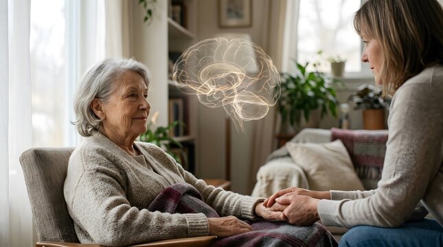 Senior Woman Looking at a Glowing Digital Brain Interface, Artificial Intelligence and Healthcare Technology Concept, Cognitive Health, Neuroscience, Aging, Medical Innovation and Future Medicine