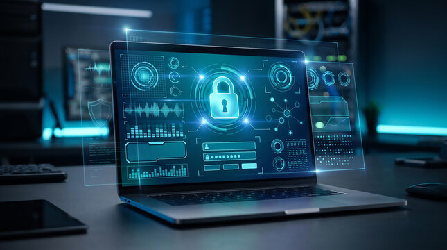 Cybersecurity and data protection concept with digital padlock HUD interface on modern laptop