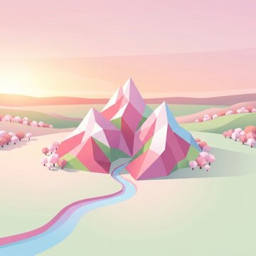 Abstract low poly pink mountains with flowing blue river.