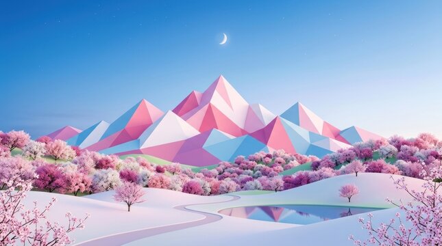 Abstract low poly spring mountains with cherry trees.