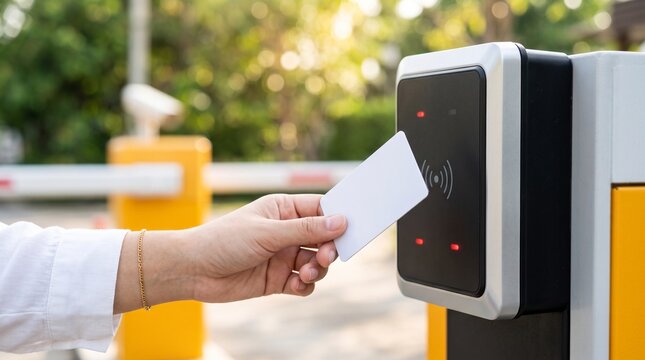 Hand scanning RFID access card on contactless reader for parking barrier gate