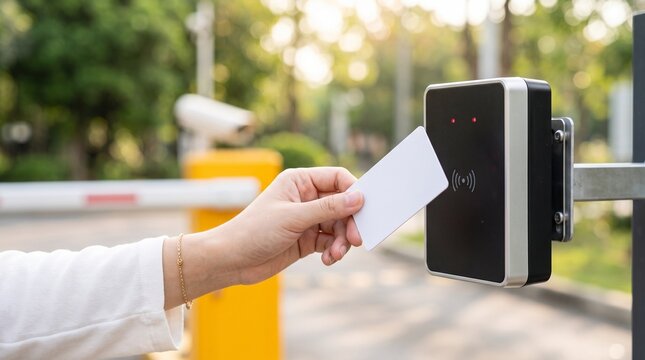 Person's hand touching access card to security gate reader for entry