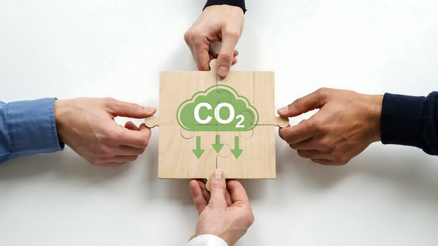 Top view of four hands assembling wooden jigsaw puzzle with green CO2 cloud and arrows pointing down symbolizing teamwork for carbon emission reduction and sustainability