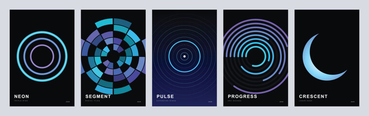 Set of five abstract posters with geometric neon circles and crescent © Nazim