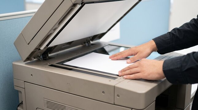 Office worker carefully placing important documents onto a multifunction printer scanner
