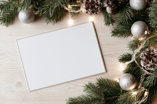 Christmas blank card on a rustic desk. White greeting card flay lay, top view with holiday decorations. Frame note mock up with space for text. Empty paper sheet. Seasons greetings. Template. Business