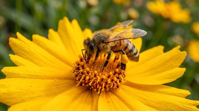 Honey bee collecting nectar on a bright yellow flower
