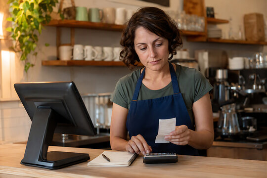 Woman reviewing a sales receipt with a calculator at a small cafe counter, checking daily totals beside a notebook during routine small business bookkeeping and financial administration