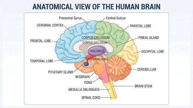 Anatomical diagram of the human brain with labeled parts