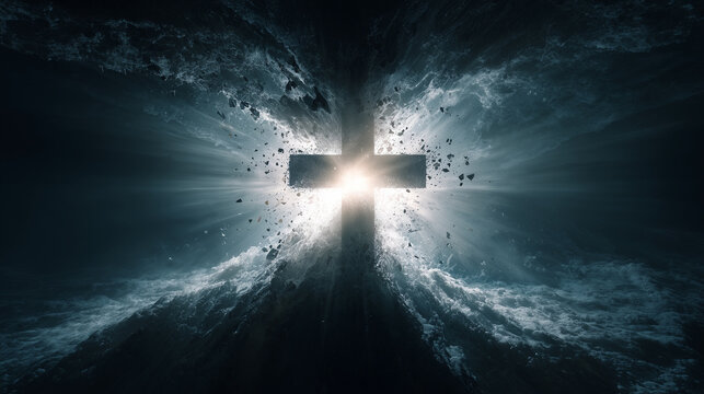 Radiant Cross Surrounded by Brilliant White Light and Shattered Fragments. Christian Faith and Redemption