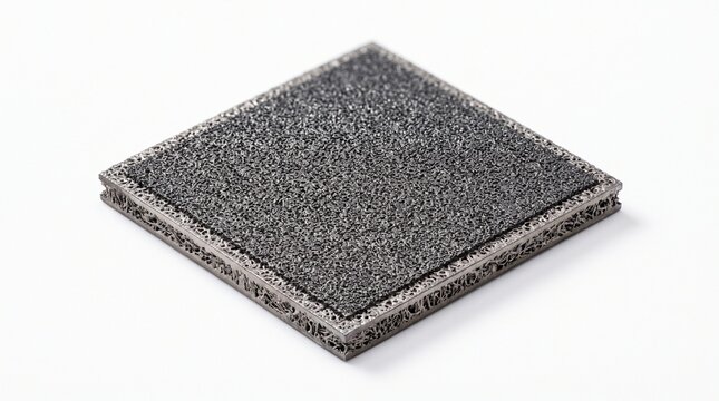 High-pressure PEM electrolyzer cell membrane electrode assembly. Iridium-platinum coated titanium sheet for green hydrogen production. Macro industrial hardware, white background.