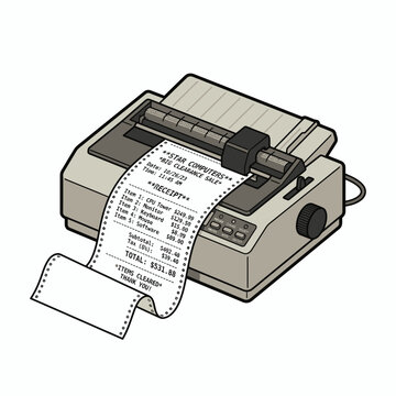 Retro 90s vintage dot matrix printer vector illustration with continuous tractor feed paper receipt showing computer store sales, isometric office technology equipment for nostalgic design.