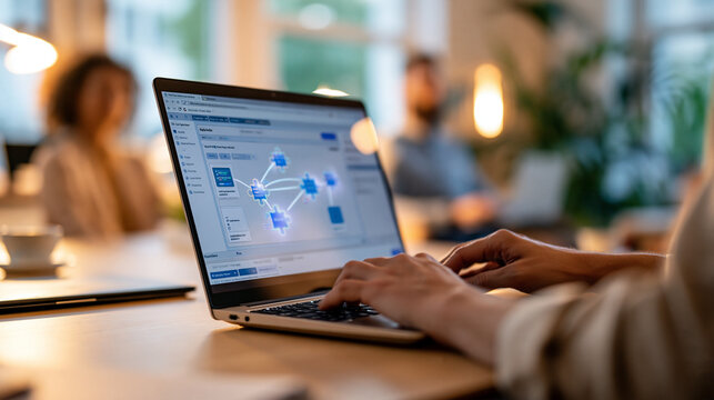 Cropped view of a european programmer using a laptop to build an app on a low code no code platform hands on the keyboard screen with puzzle piece modules connected by a visual