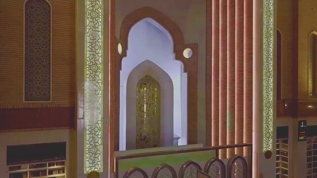Street-level shot of decorated prayer niches inside Al-Sahla Mosque in Kufa, Iraq