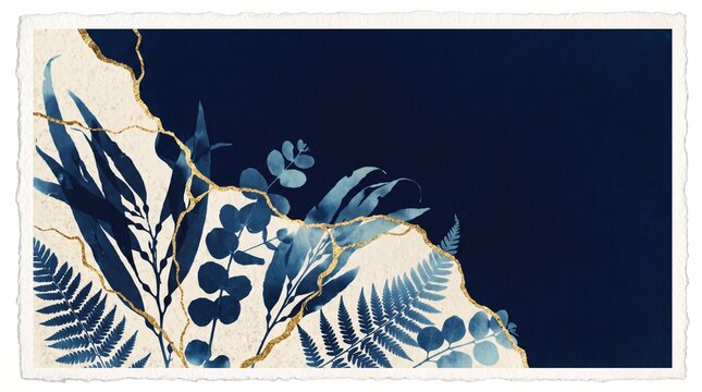 Prussian Blue Cyanotype Botanical Print with Gilded Gold Leaf Kintsugi Accents