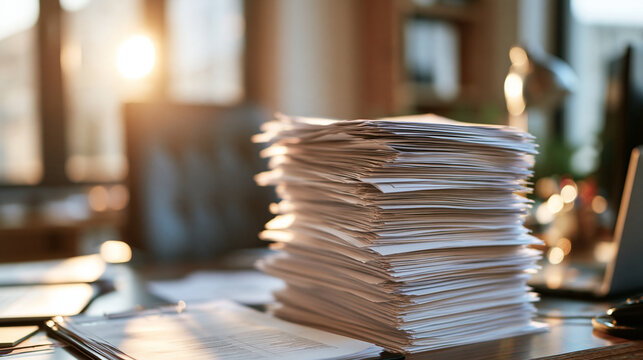 Large stack of white business documents on a desk in a softly lit office tall neat pile in the center of the frame window light falling from the side empty chair behind large