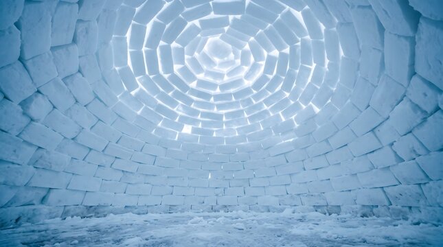 Ice igloo dome interior perspective, snow block architecture texture background, arctic shelter dome construction, blue winter frozen ice house detail