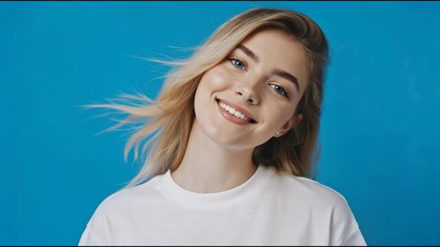 A woman with long blonde hair and a white t-shirt, ed in a studio setting