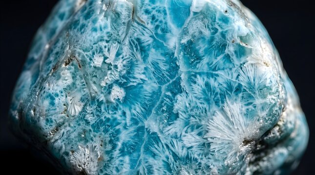Polished blue larimar gemstone macro detail, natural pectolite crystal texture, ocean blue mineral stone background for jewelry design