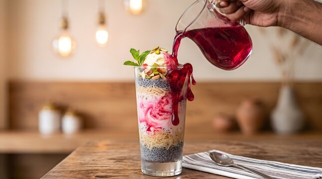 Delicious falooda dessert with syrup pouring into tall glass, sweet falooda beverage with ice cream and basil seeds, traditional indian dessert drink