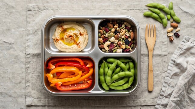 Healthy meal prep lunch box with hummus, mixed nuts, bell pepper strips and edamame beans overhead view