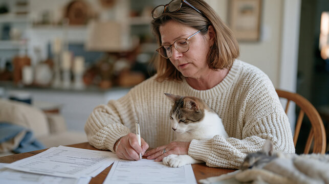 Foster pet network coordinator cross references two animal transport documents in a candlelit home, a pair of reading glasses pushed up on her forehead, single object detail
