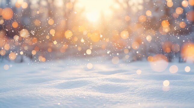 Abstract Christmas Background with Snowfall Texture and Blurred Silver and Golden Bokeh Lights