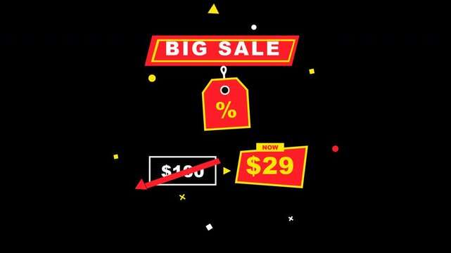 Mega discount big sale banner animation on black background. 4k