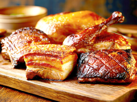 Assorted Roasted Meats with Crispy Pork Belly on a Wooden Board