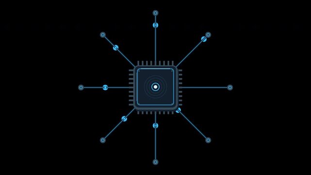 Microchip sending data pulses along eight circuit paths on transparent background