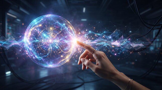 A hand touches a glowing digital sphere, symbolizing the intersection of technology and human interaction in the future