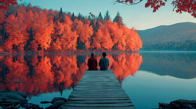 Two People on a Wooden Dock Overlooking a Lake and Vibrant Autumn Forest