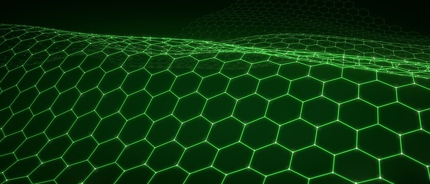 Abstract glowing green hexagonal grid wave pattern on a dark background