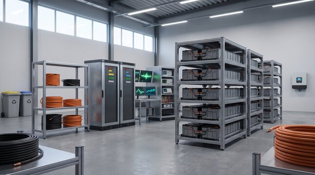 Industrial battery energy storage system with testing workbench, copper wiring coils, and recycling bins in a high tech facility