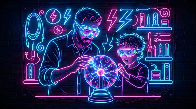 Father and child conducting science experiment with glowing plasma ball scientific research class fair lab laboratory education electric technology discovery