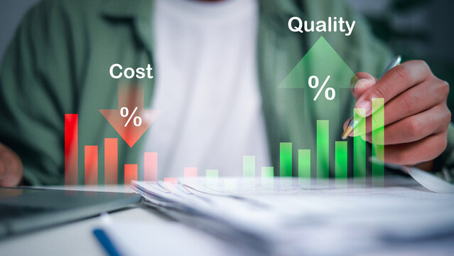 Businessman hands holding pen analyzing document with cost down and quality up growth chart graph. interest rate percentage. business efficiency concept.