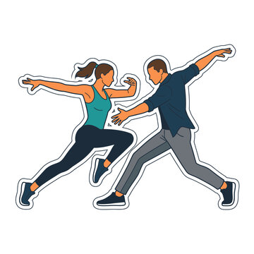 Dynamic vector illustration of a young man and woman performing an energetic dance routine or expressive movement. Modern minimalist sticker style with white border featuring a couple in motion.