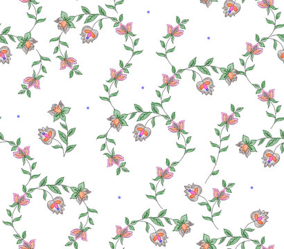 A beautiful seamless chintz floral pattern featuring delicate, hand-drawn traditional Indian kalamkari style flowers and climbing vines in soft pastel shades of pink, yellow, blue, and green