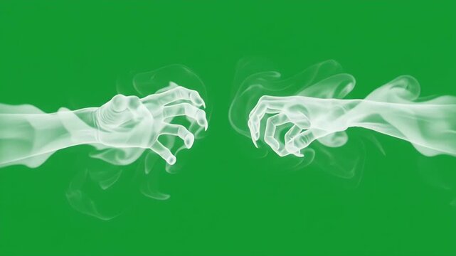 Ghost Hands Emerging from Mist on Green Screen - Ethereal white ghost hands, formed from swirling mist, briefly enter the frame from both sides against a vibrant chroma green background.