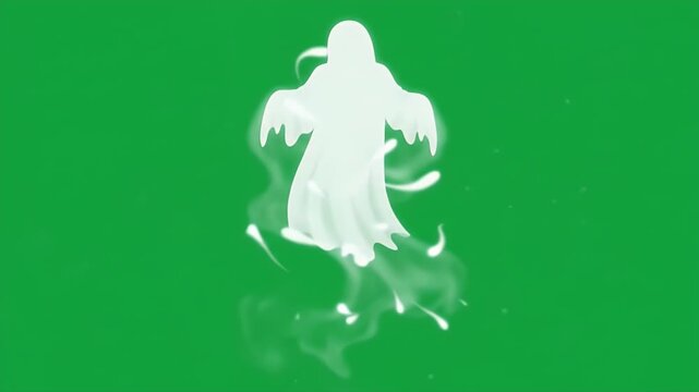 Ghost Silhouette Floating Upward on Green Screen - A translucent white ghost silhouette drifts upwards against a vibrant green screen background.