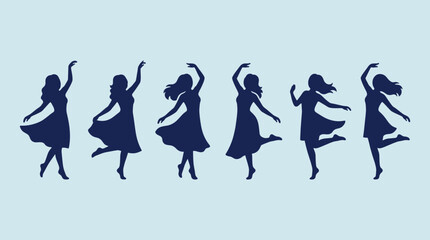 Silhouette dancers in mid-motion pose. Graceful ballerina figures in dynamic movement. Ballerinas, arabesques, pirouettes, plies. Minimalist design for apparel, posters, branding. Vector illustration. © daugawazabe