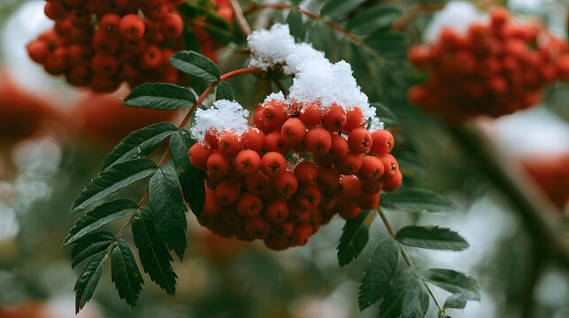 Vibrant red rowan berries Sorbus aucuparia covered with fresh white snow in a cold winter forest scene, capturing the serene and peaceful atmosphere of the season with natural beauty and delicate fros