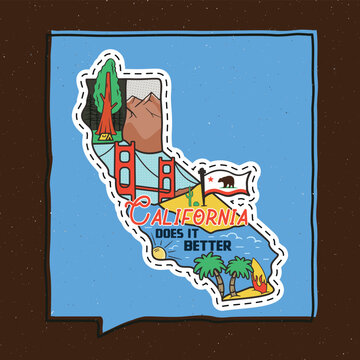 California state map sticker vector illustration with Golden Gate Bridge, redwoods, bear flag, typography and retro travel design